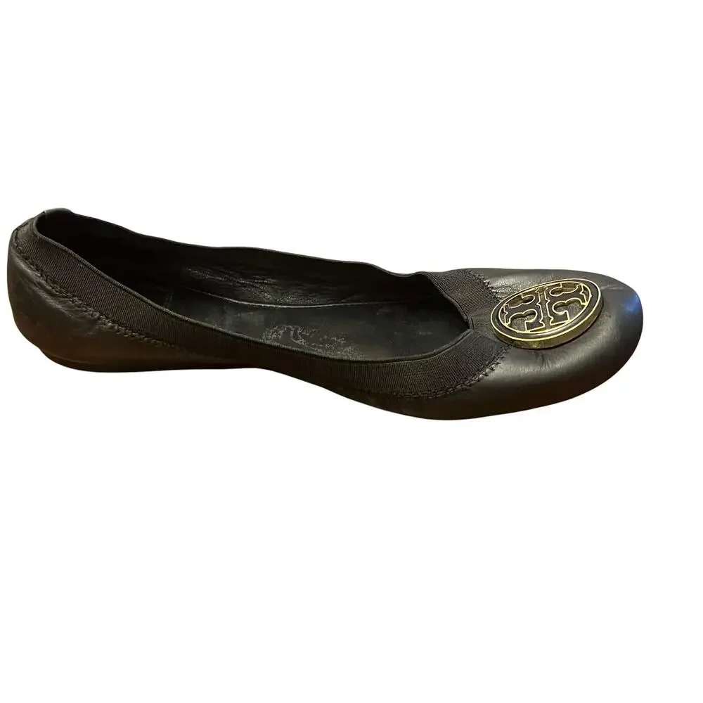 Tory Burch Reva Ballet Flats Black Leather Double T Logo Sz 7.5